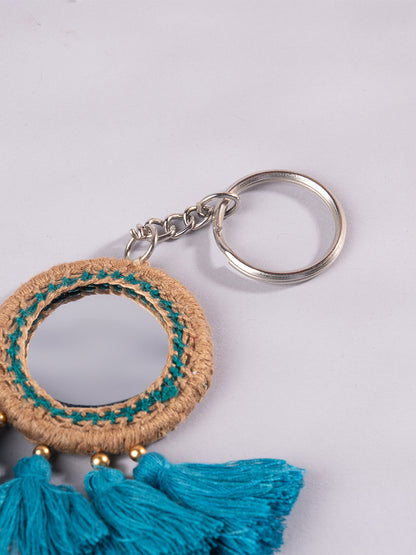 Round Ivory Mirror and Sky Blue Tassels Keychain