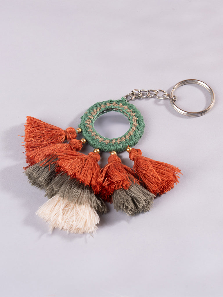 Round Green Mirror and Rust Tassels Keychain