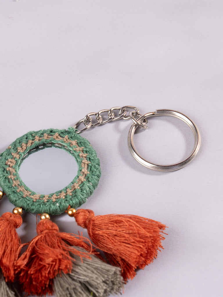 Round Green Mirror and Rust Tassels Keychain