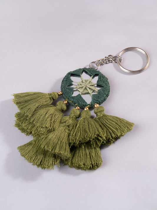 Round Green Mirror and Light Green Tassels Keychain