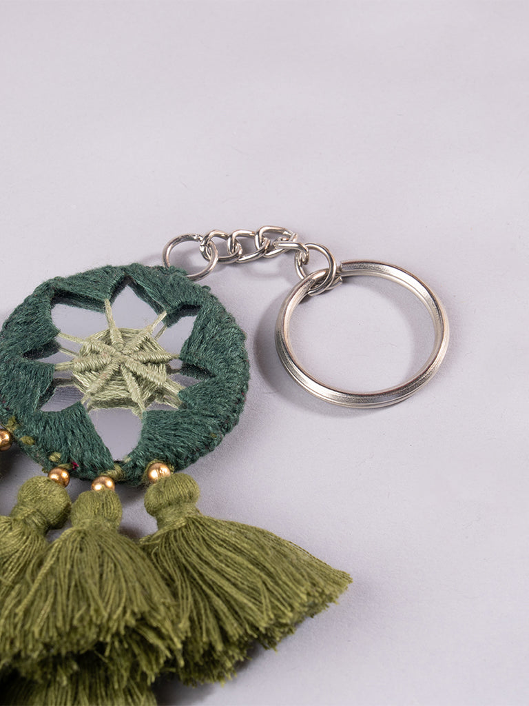 Round Green Mirror and Light Green Tassels Keychain