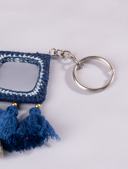 Square  Blue Mirror & Blue Tassels Keychain