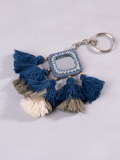 Square  Blue Mirror & Blue Tassels Keychain