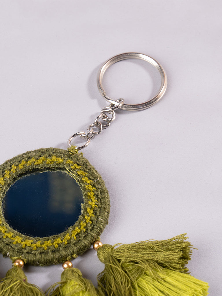 Round Light Green Mirror and Light Green Tassels Keychain