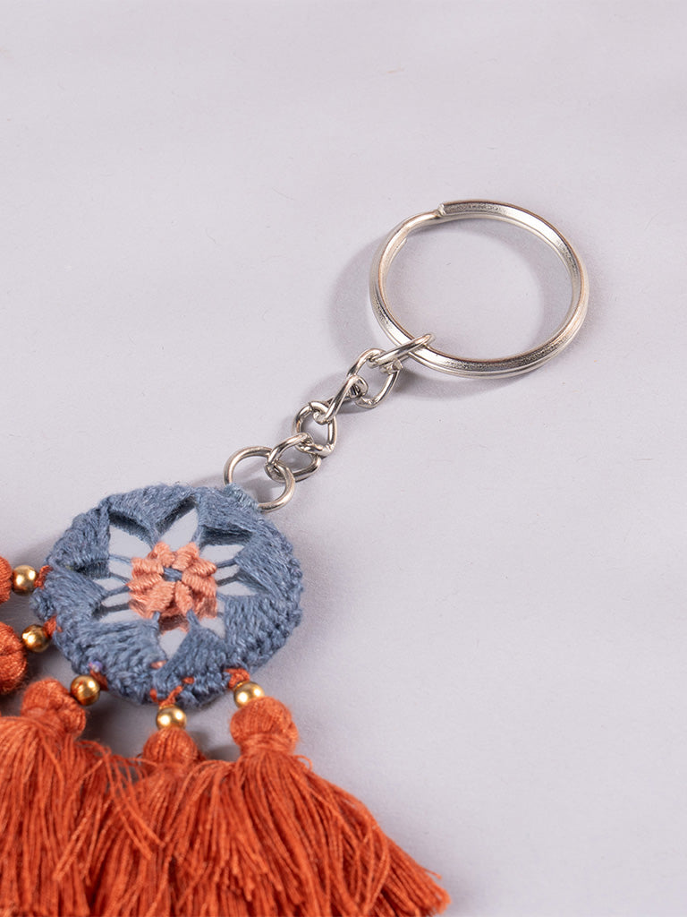 Round Gray Mirror and Rust Tassels Keychain
