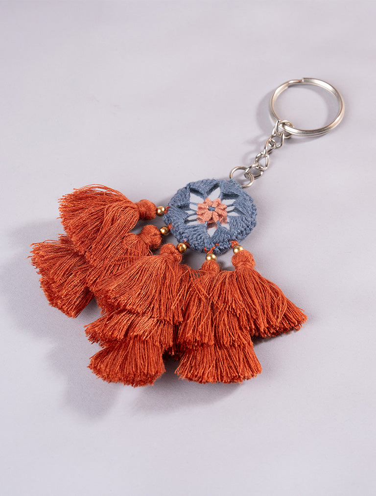 Round Gray Mirror and Rust Tassels Keychain