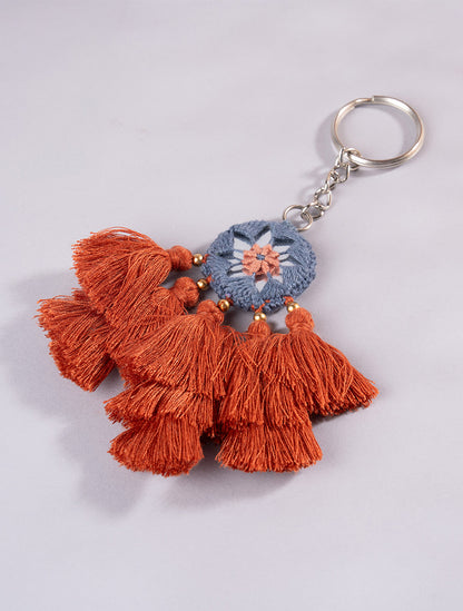 Round Gray Mirror and Rust Tassels Keychain