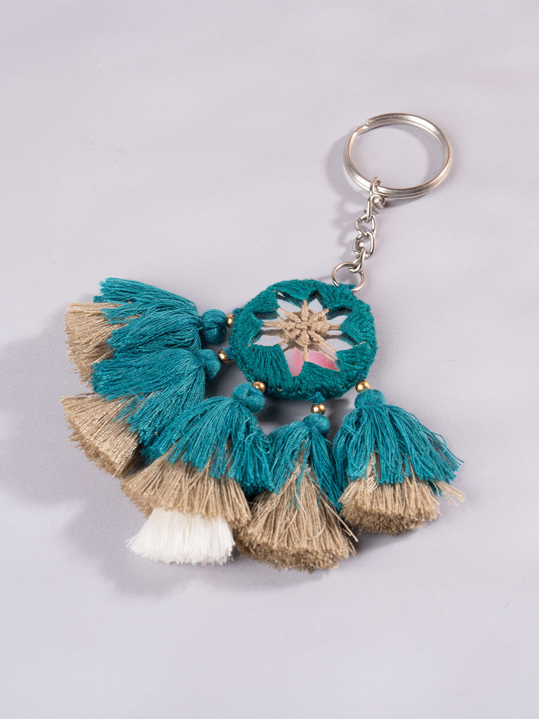 Round Mint Mirror and Sky Blue Tassels Keychain