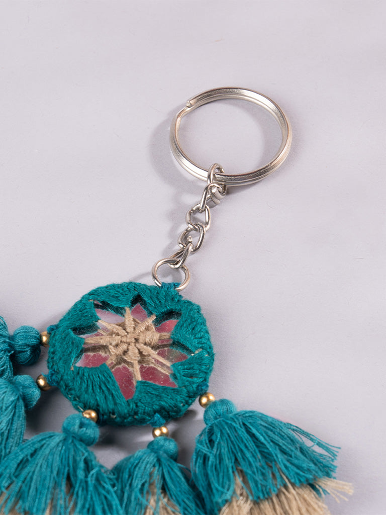Round Mint Mirror and Sky Blue Tassels Keychain