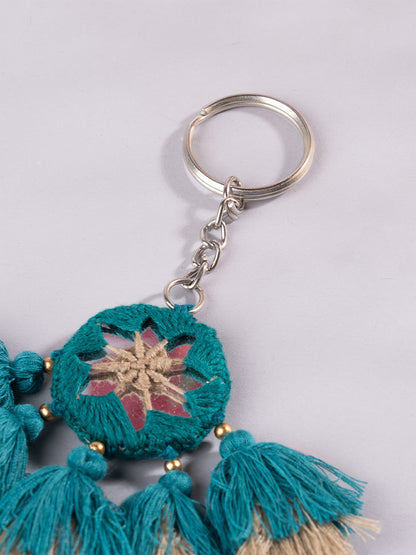 Round Mint Mirror and Sky Blue Tassels Keychain