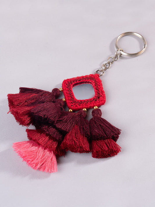 Square Red Mirror & Maroon Tassels Keychain