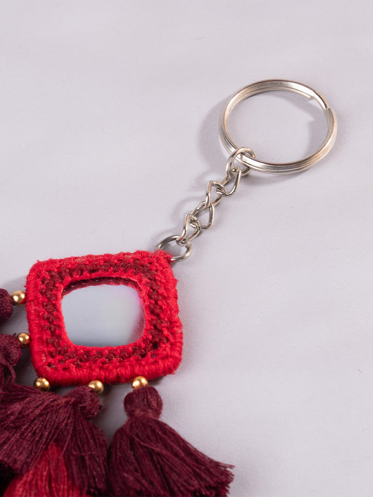 Square Red Mirror & Maroon Tassels Keychain