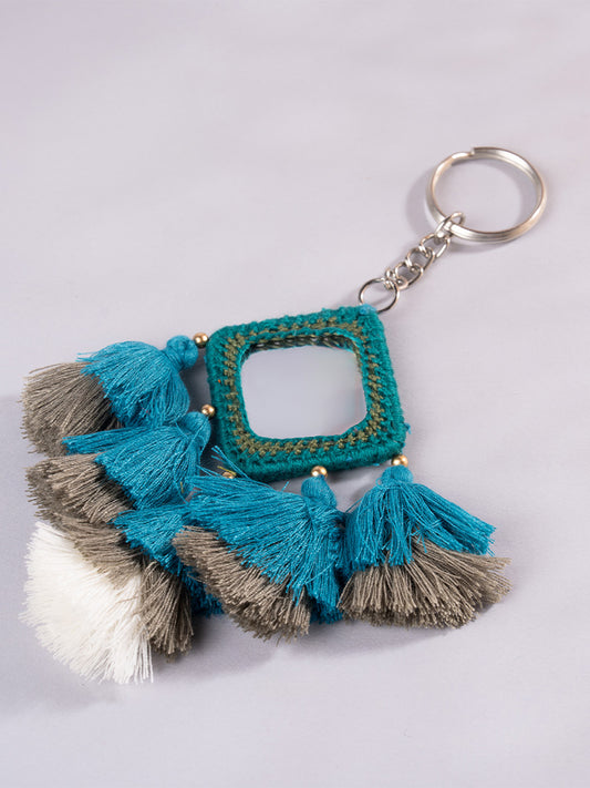 Square Mint Mirror and Sky Blue Tassels Keychain