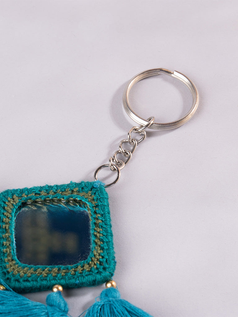 Square Mint Mirror and Sky Blue Tassels Keychain