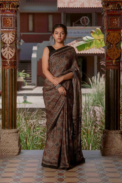 Ajrakh Saree With Badla Work With Tassels
