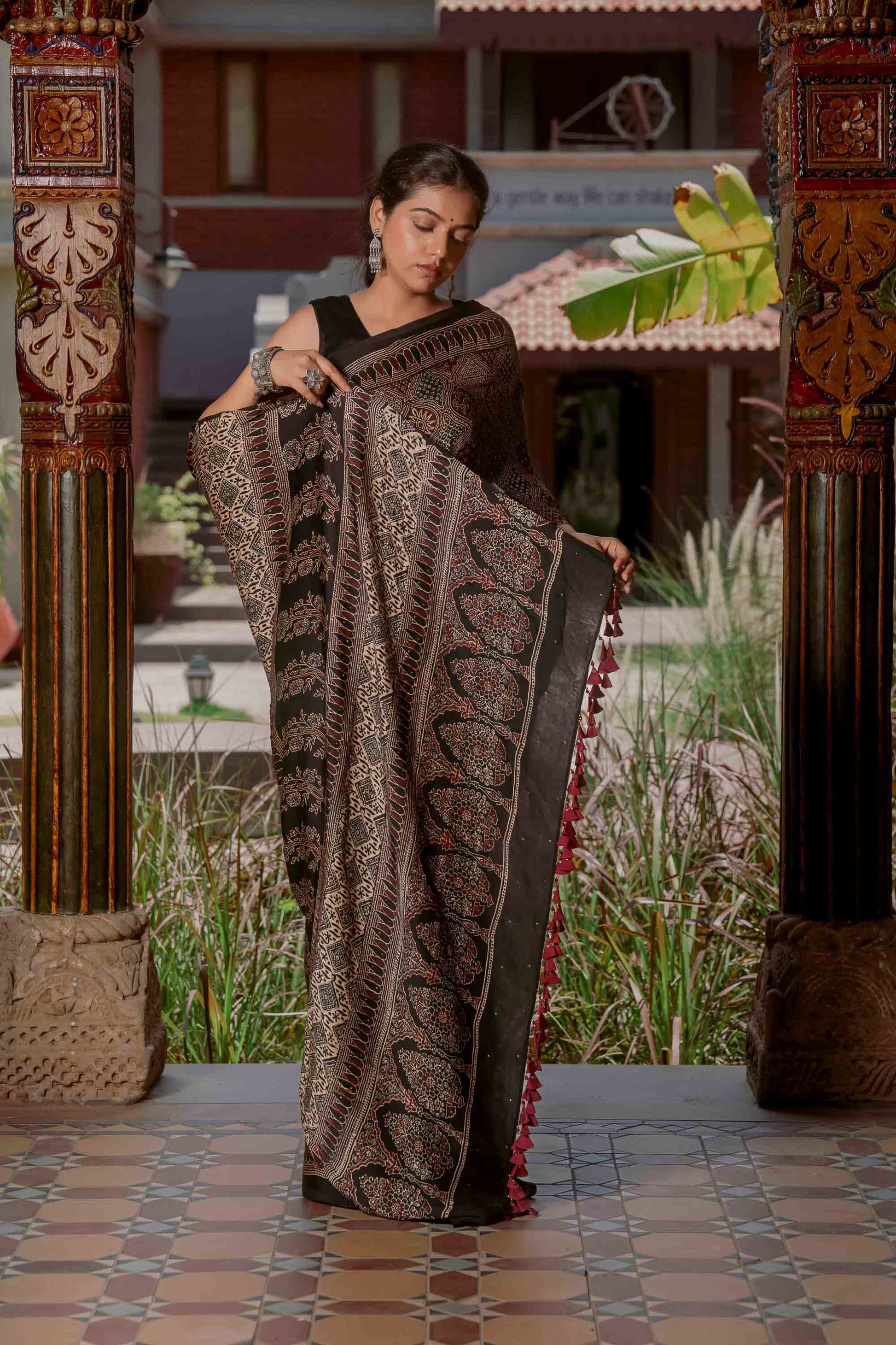 Ajrakh Saree With Badla Work With Tassels