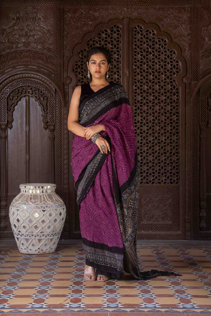 Purple Ajrakh Bandhani Saree With Tassels