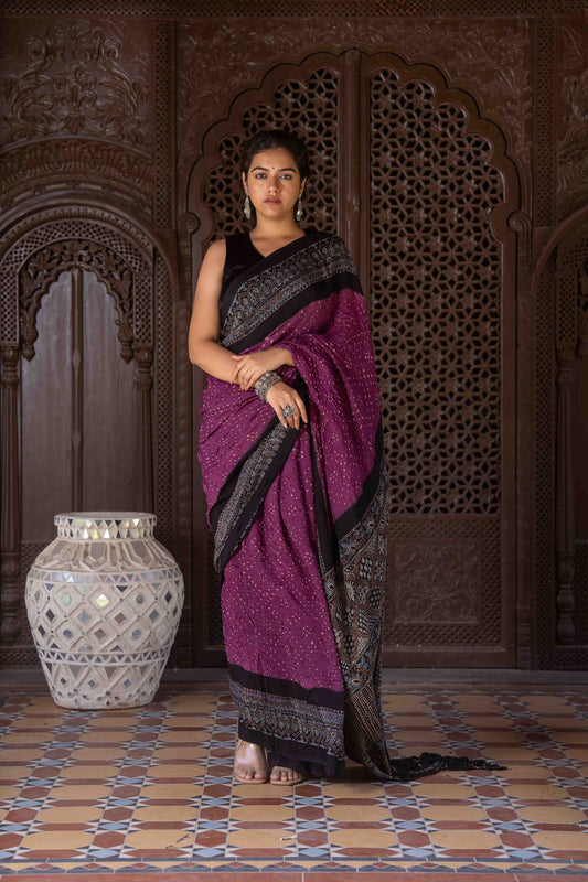 Purple Ajrakh Bandhani Saree With Tassels