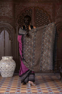 Purple Ajrakh Bandhani Saree With Tassels
