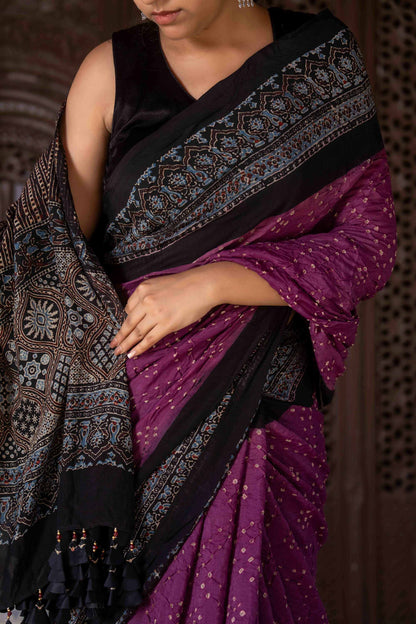 Purple Ajrakh Bandhani Saree With Tassels