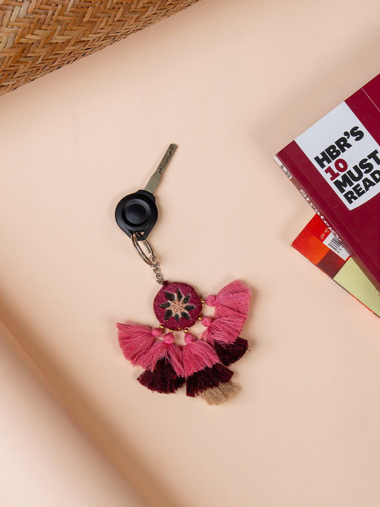 Round Maroon Mirror & Peach Tassels Keychain