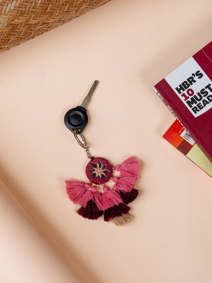 Round Maroon Mirror & Peach Tassels Keychain