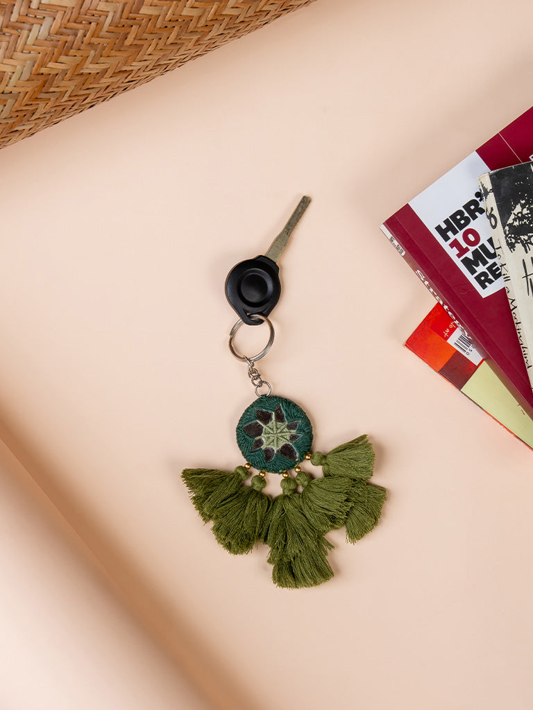 Round Green Mirror and Light Green Tassels Keychain