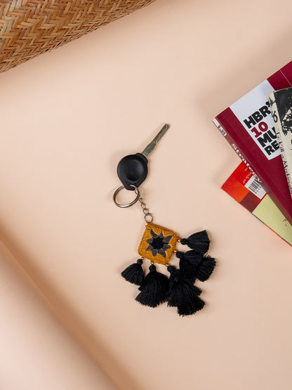 Square Musterd Mirror & Black Tassels Keychain