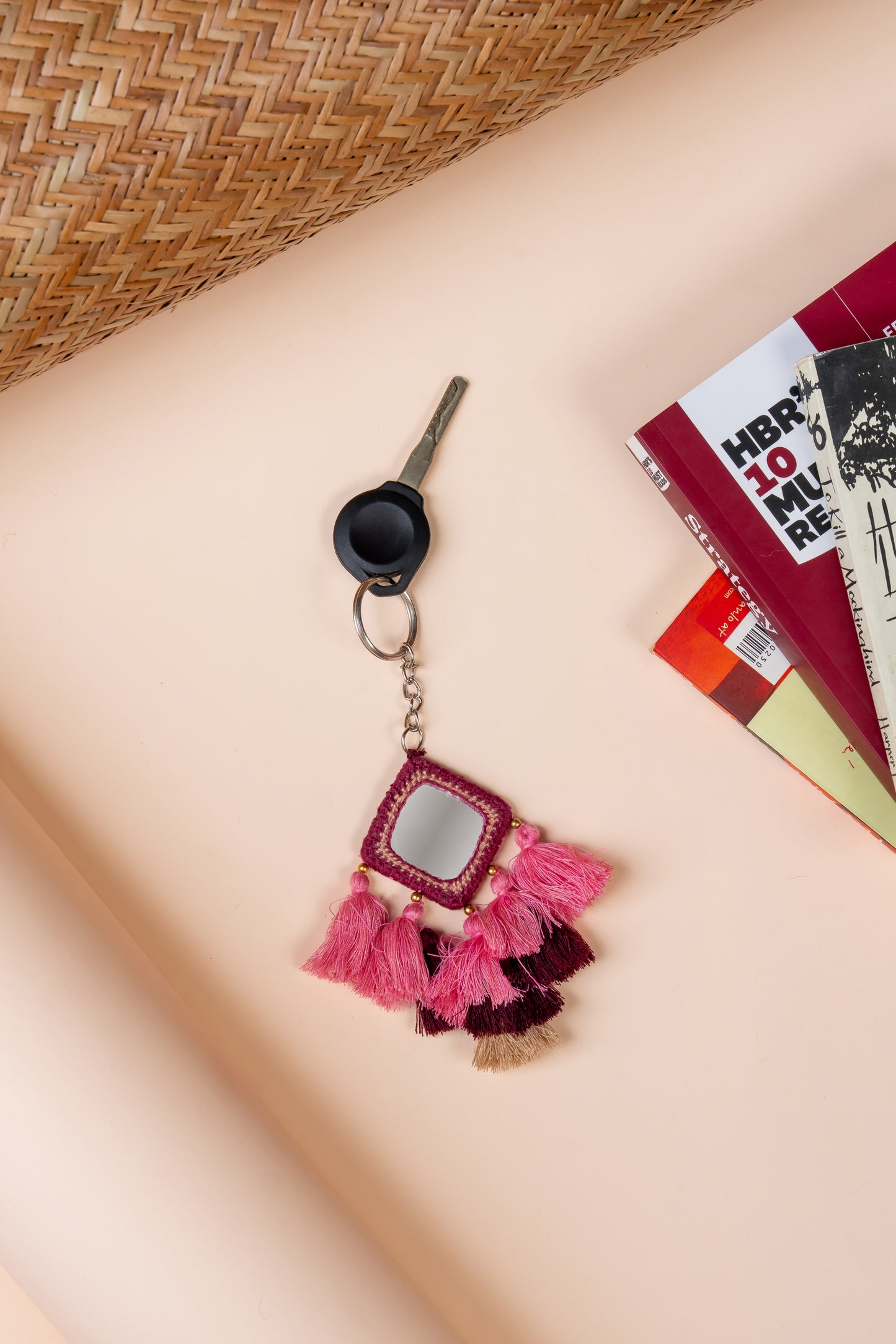 Square Maroon Mirror & Peach Tassels
