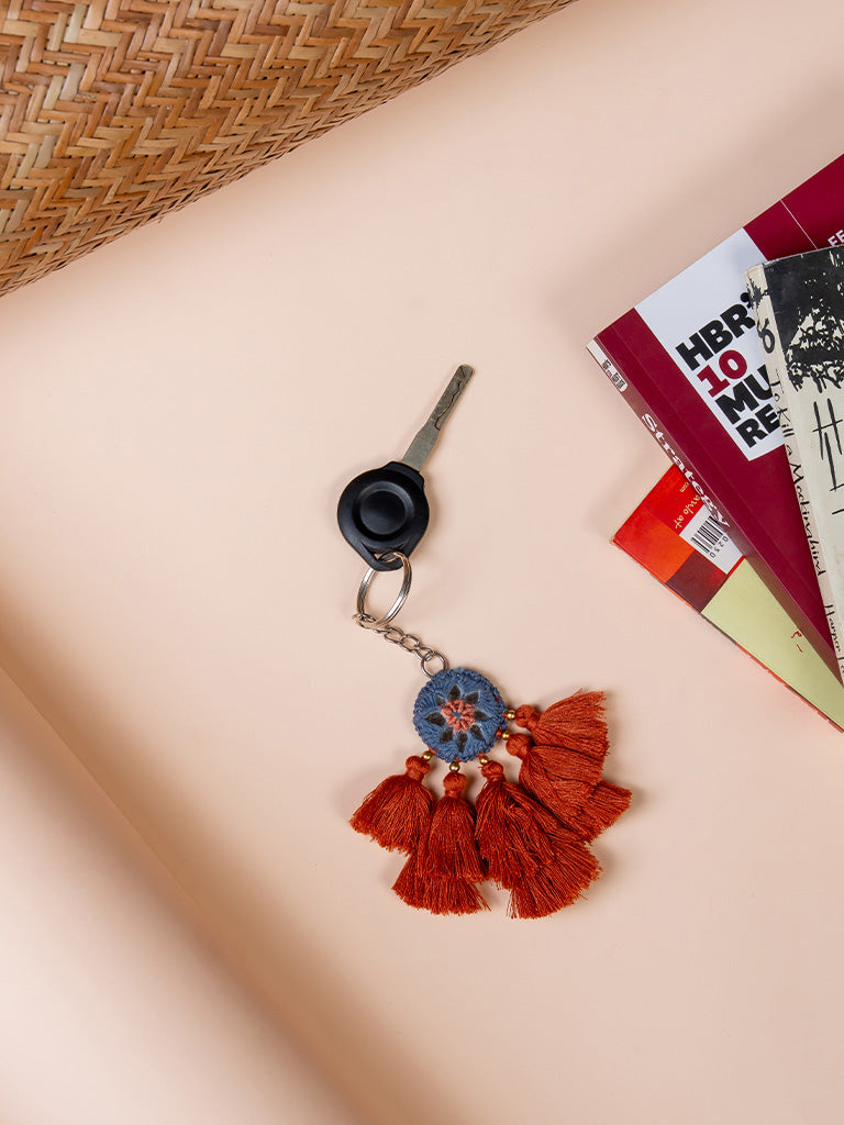 Round Gray Mirror and Rust Tassels Keychain