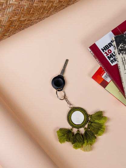 Round Light Green Mirror and Light Green Tassels Keychain