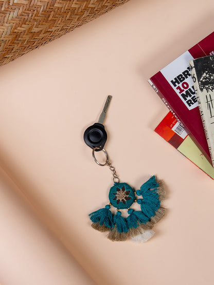 Round Mint Mirror and Sky Blue Tassels Keychain