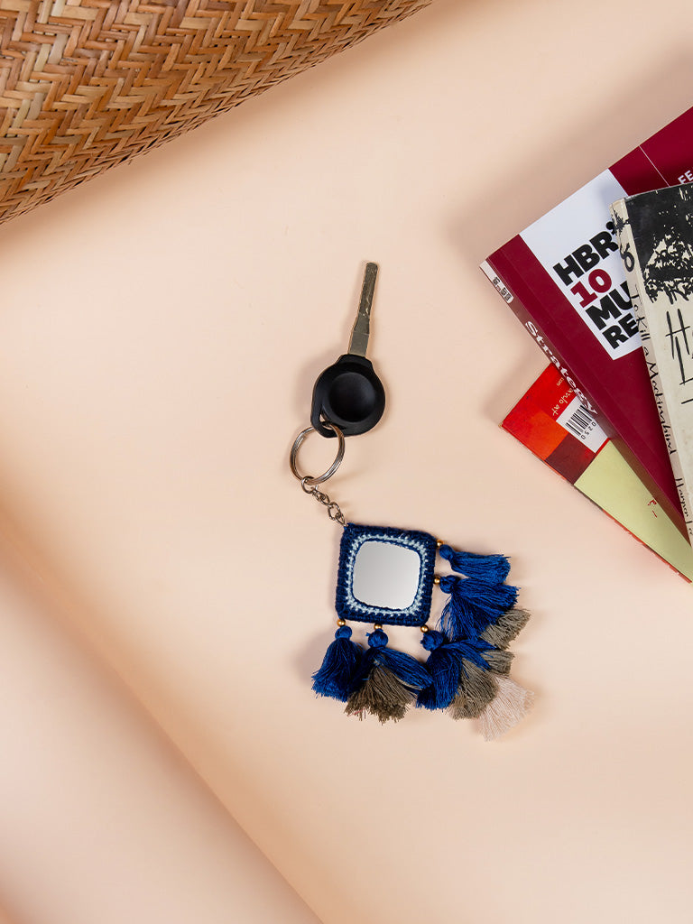 Square  Blue Mirror & Blue Tassels Keychain