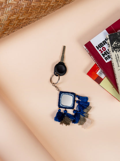 Square  Blue Mirror & Blue Tassels Keychain