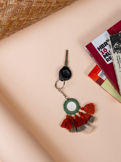Round Green Mirror and Rust Tassels Keychain