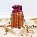 Maroon Mashru Potli with Orange Stripe | Bead & Brass Tikki Handwork | Gramshree
