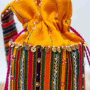 Yellow Mashru Multi-Check Potli with Bead & Brass Tikki Handwork | Gramshree