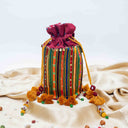 Maroon Mashru Potli with Yellow Stripe | Bead & Brass Tikki Handwork | Gramshree