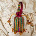 Maroon Mashru Potli with Yellow Stripe | Bead & Brass Tikki Handwork | Gramshree