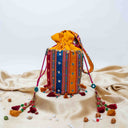 Yellow Mashru Check Potli with Bead & Brass Tikki Handwork | Gramshree