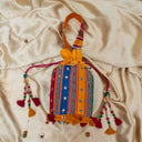 Yellow Mashru Check Potli with Bead & Brass Tikki Handwork | Gramshree