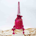 Maroon Mashru Potli with Pink Stripe | Bead & Brass Tikki Handwork | Gramshree