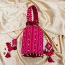 Maroon Mashru Potli with Pink Stripe | Bead & Brass Tikki Handwork | Gramshree