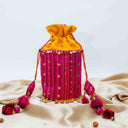 Yellow Mashru Potli with Pink Stripe | Bead & Brass Tikki Handwork | Gramshree