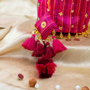Yellow Mashru Potli with Pink Stripe | Bead & Brass Tikki Handwork | Gramshree