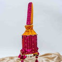 Yellow Mashru Potli with Pink Stripe | Bead & Brass Tikki Handwork | Gramshree