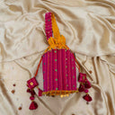 Yellow Mashru Potli with Pink Stripe | Bead & Brass Tikki Handwork | Gramshree