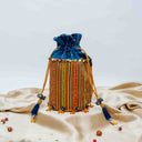 Blue Mashru Potli with Yellow Stripes | Bead & Brass Tikki Handwork | Gramshree