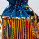 Blue Mashru Potli with Yellow Stripes | Bead & Brass Tikki Handwork | Gramshree
