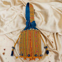 Blue Mashru Potli with Yellow Stripes | Bead & Brass Tikki Handwork | Gramshree